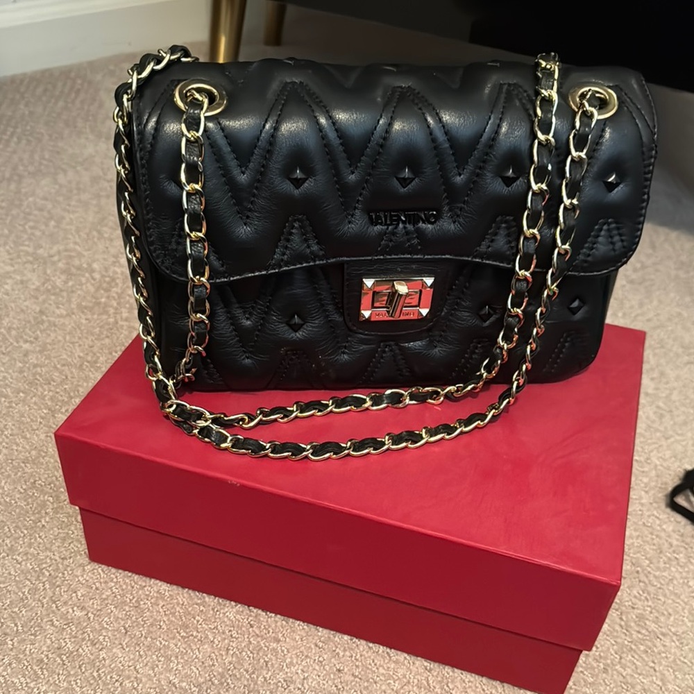Valentino Black Quilted Shoulder Bag with Gold Chain Strap